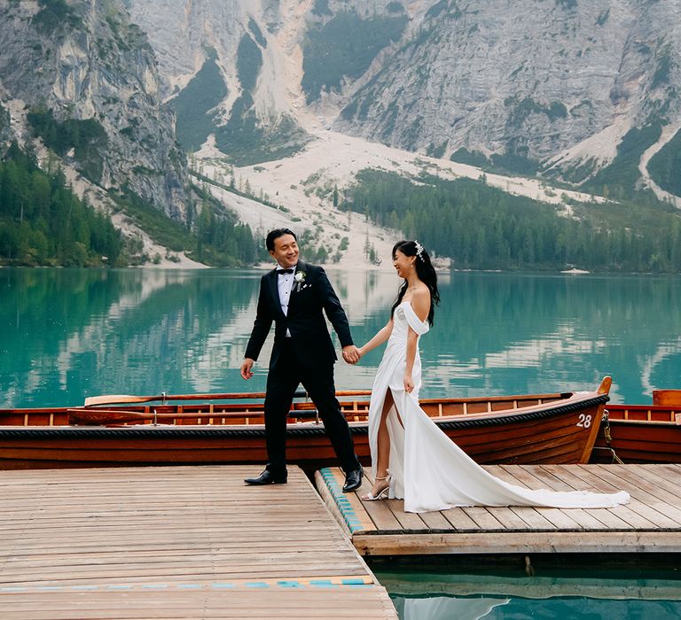 Intimate elopement couple portrait at mountain range 