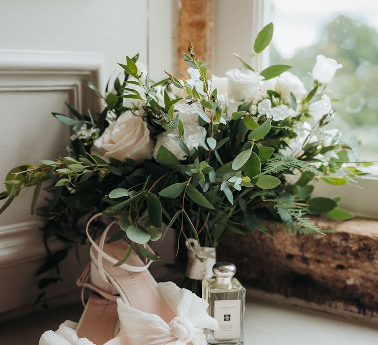 Loeffler Randall wedding shoes with Jo Malone London perfume and white rose bouquet 