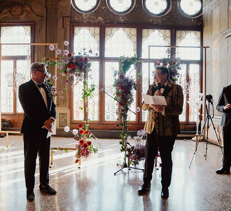 Ca'Sagredo Venice wedding with two grooms in luxury tuxedos 