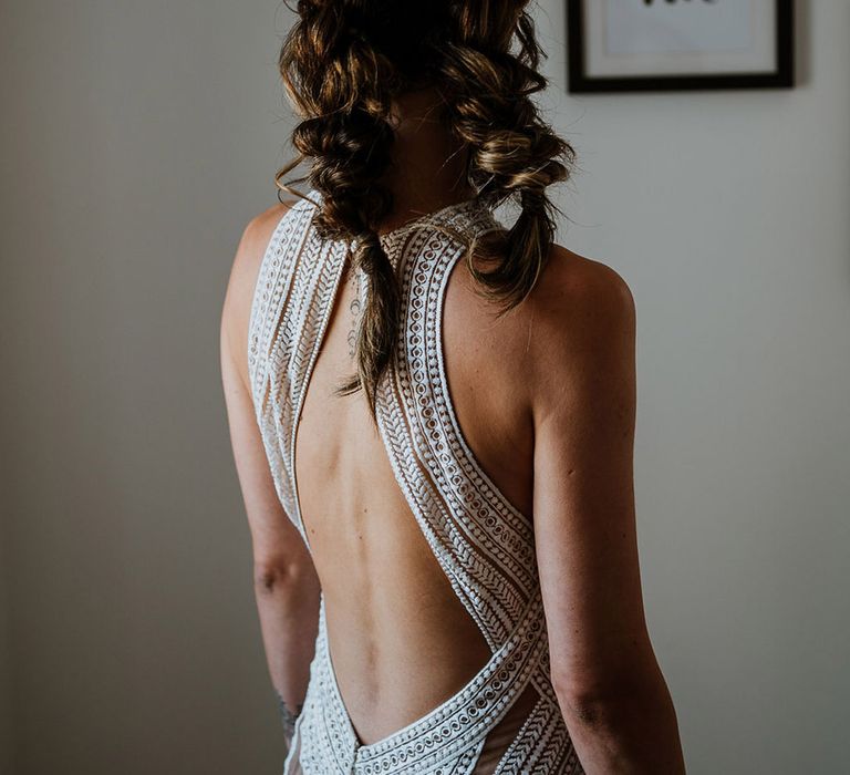 Bride in open back design Rue de Seine wedding dress