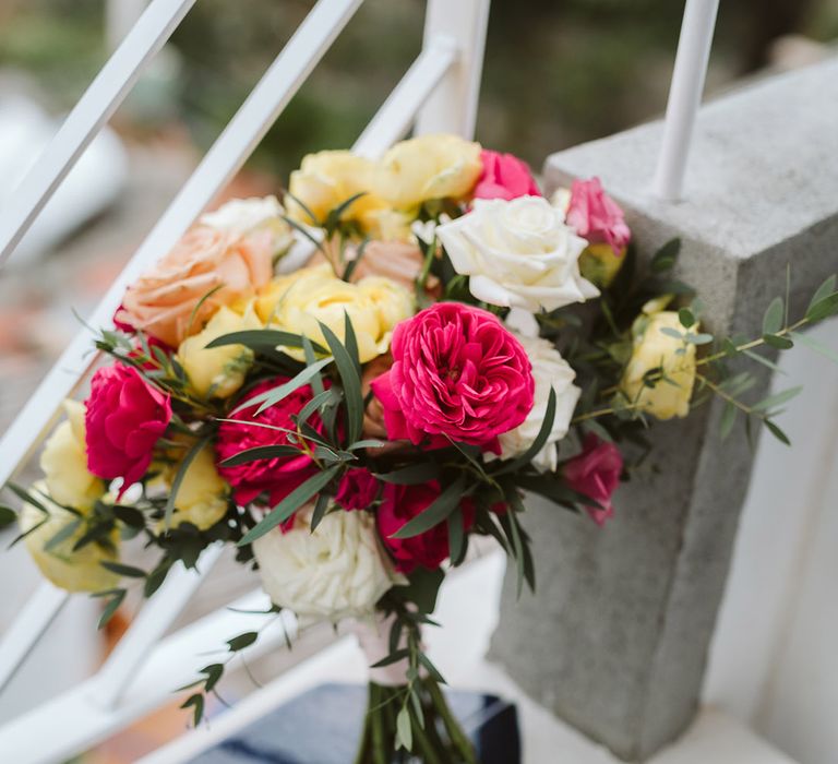 Hot pink, lemon yellow and white wedding bouquet with roses for summer wedding in Positano 