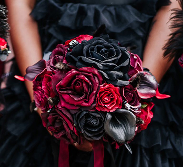 Red and black rose round wedding bouquet for gothic wedding theme 