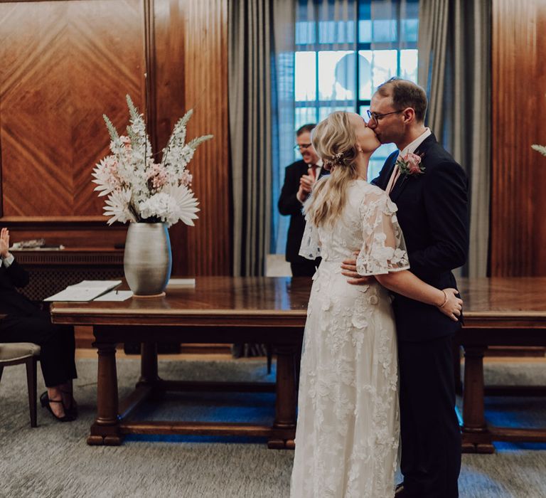 Bride and groom at town hall wedding in London