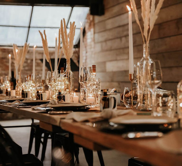 Pampas grass decor at intimate wedding