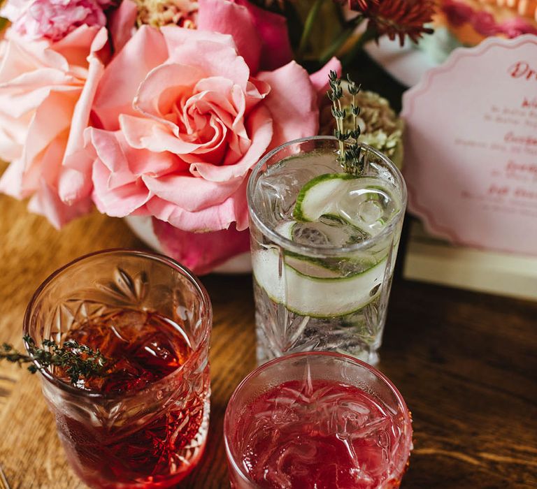 wedding day cocktails and colourful flowers 