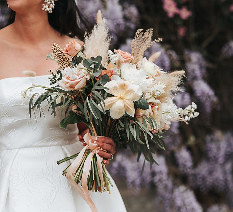 Pink and white flower wedding bouquet with pampas grass and bunny grass