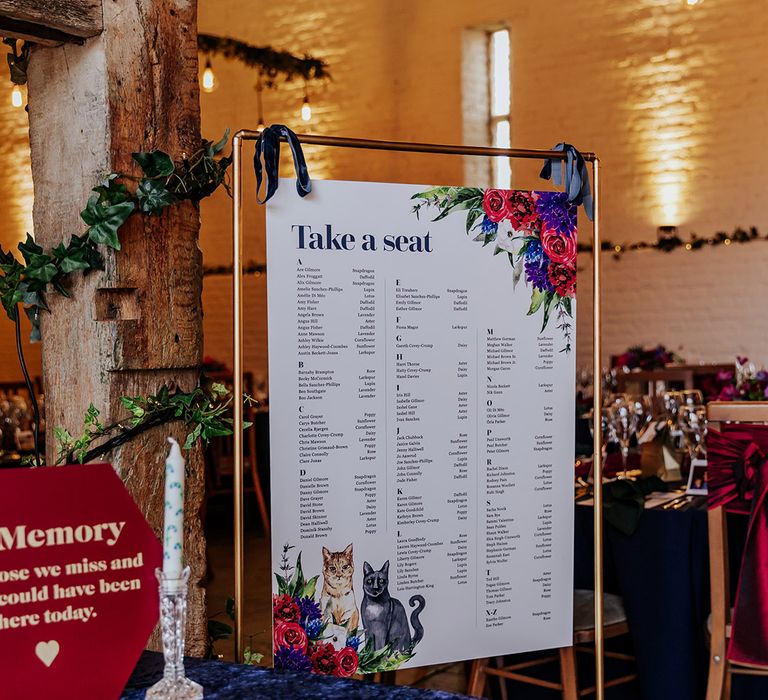 Bright wedding flower table sign with illustrated cats and colourful flowers for autumnal maximalist style wedding 