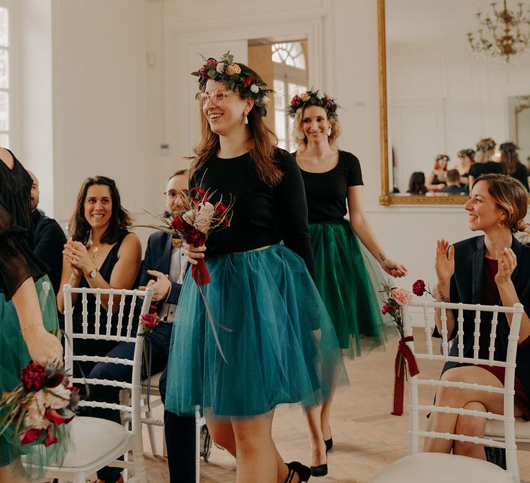 Bridesmaids in tulle tutu bridesmaid dresses with flower crowns for colourful and bold elopement wedding 