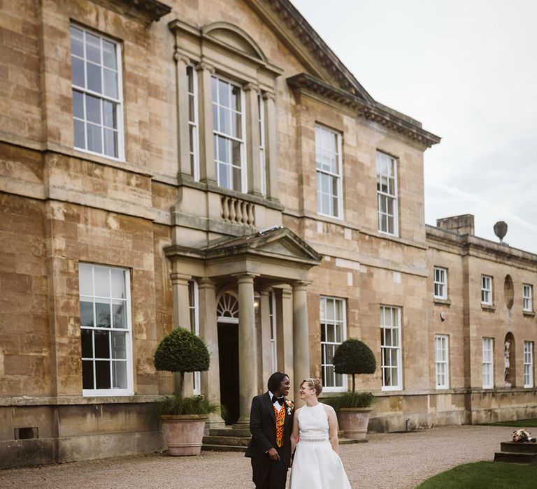 Bowcliff Hall West Yorkshire wedding venue with the two brides walking around the venue at their LGBTQIA+ wedding 