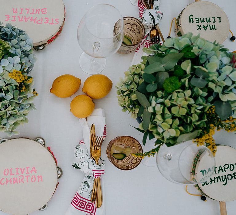 Personalised tambourine wedding place names for the coastal wedding 