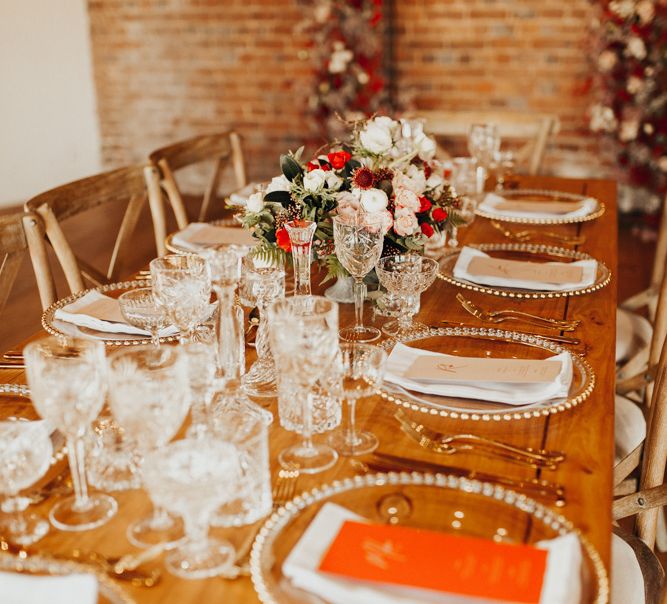 Brickhouse Vineyard Wedding Tablescape with  Red Spray-painted Gypsophila