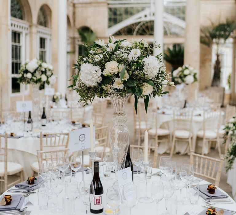 White and green tall wedding flowers at Syon Park 