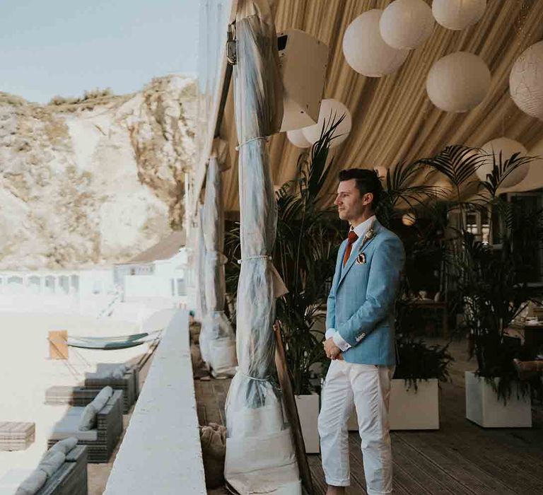 Groom waits for bride's arrival at Cornwall wedding