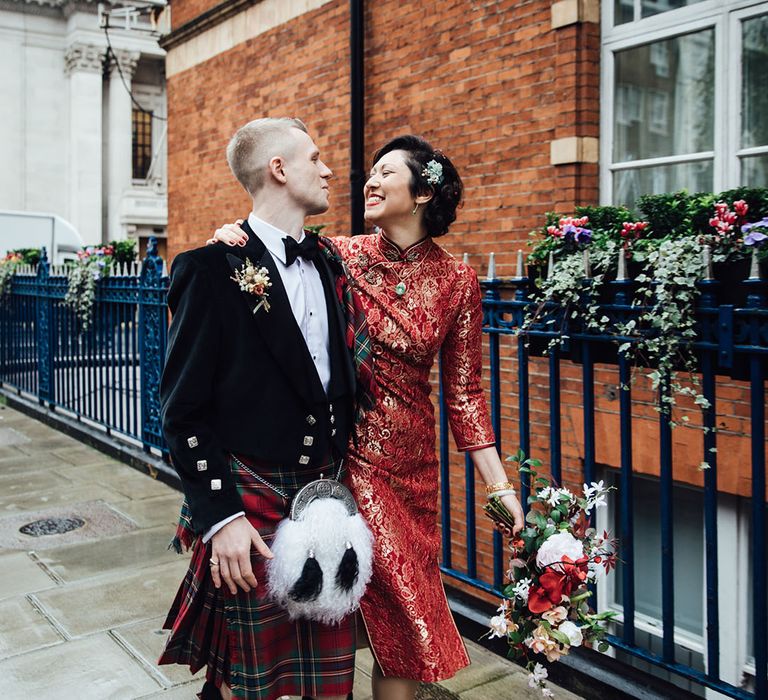 Bride and groom in London during elopement