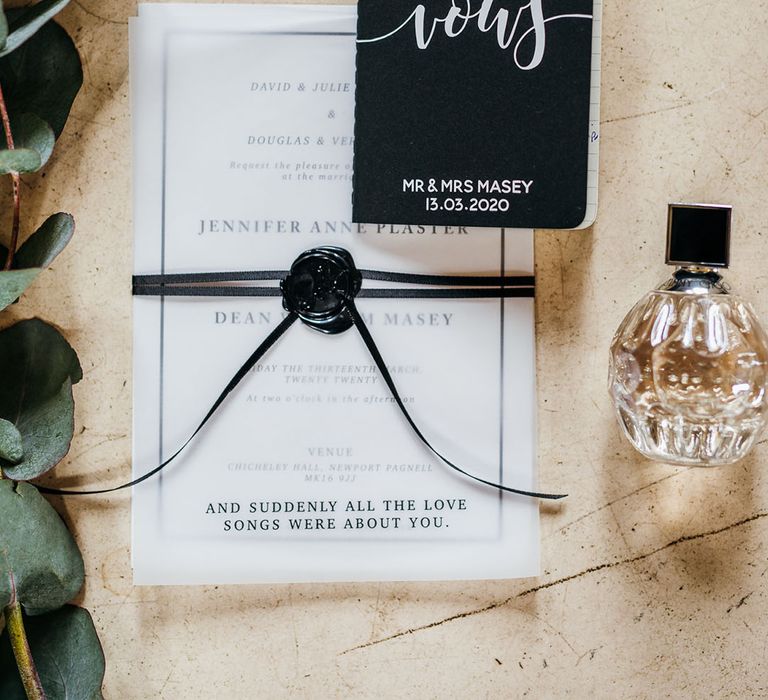 Black & white wedding stationery with perfume