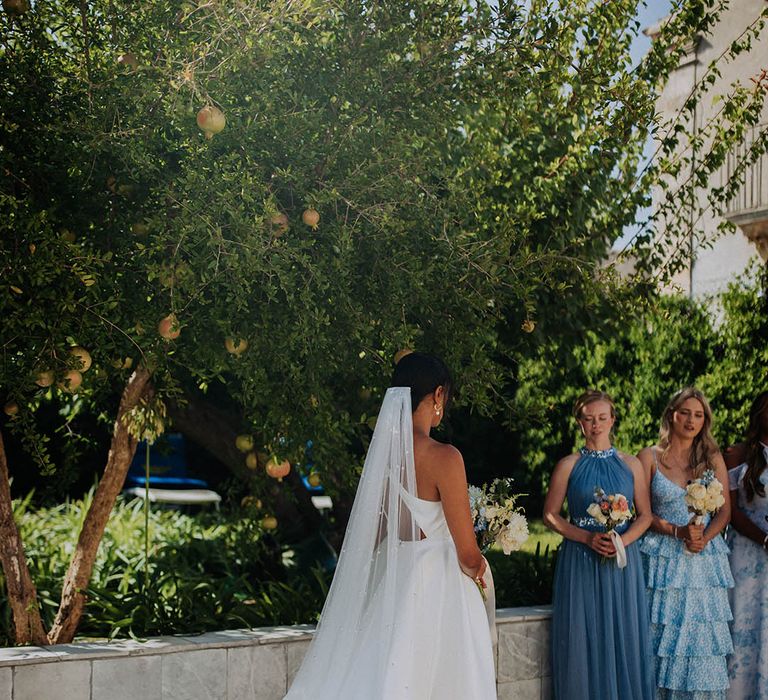 bridesmaid first look with bride in a Jane Hill wedding dress 