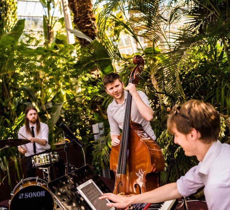 Wedding band playing at Sefton Park Palm House wedding venue with botanical plants 