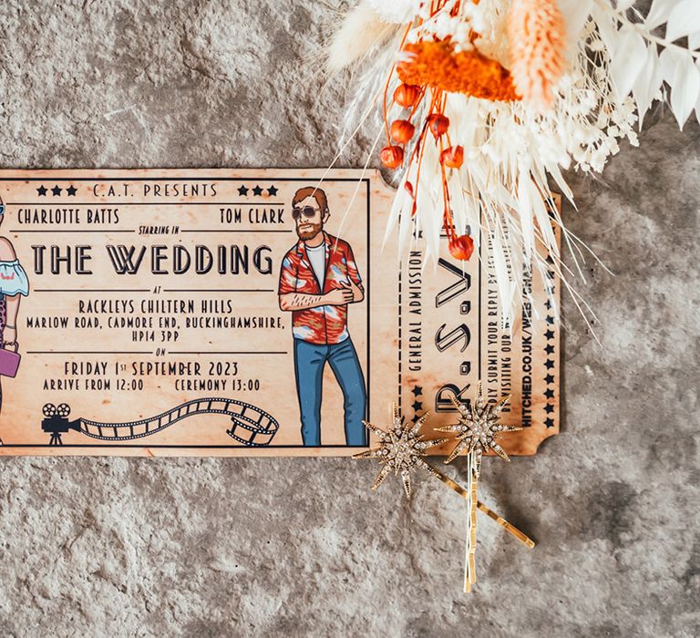 Unique DIY ticket stub wedding invitation for movie-inspired wedding 