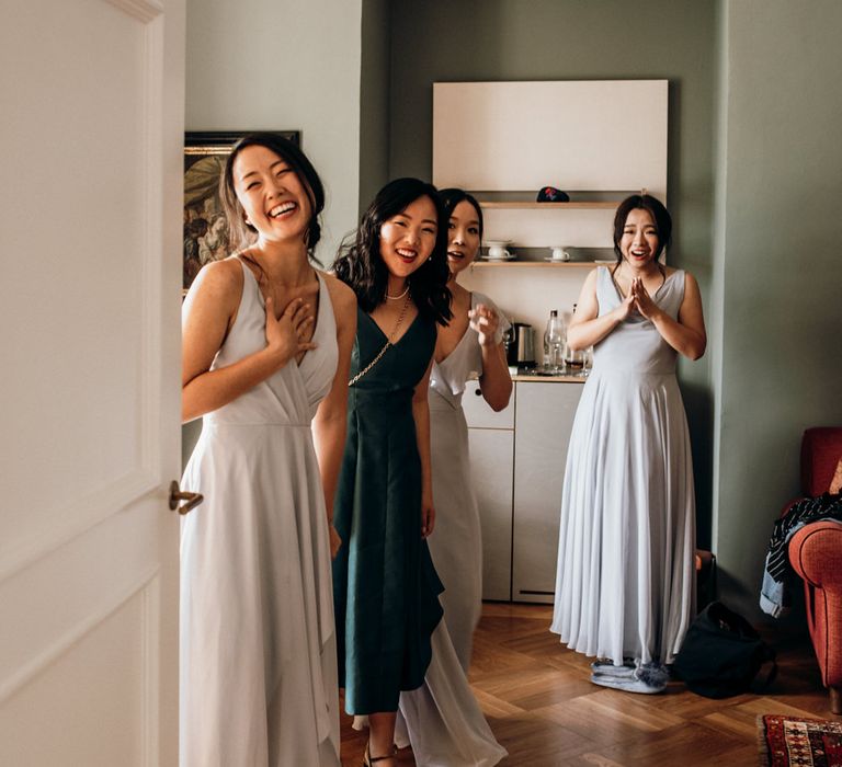 Bridesmaids in Jenny Yoo dresses on the wedding morning 