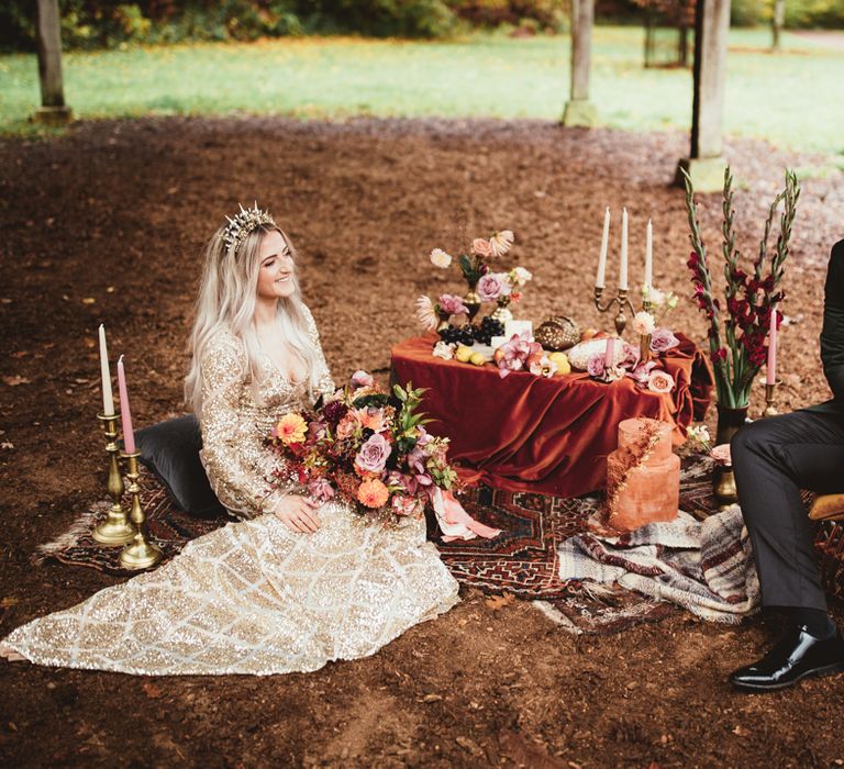 Bride and groom at woodland picnic. Photography by Maryanne Weddings.