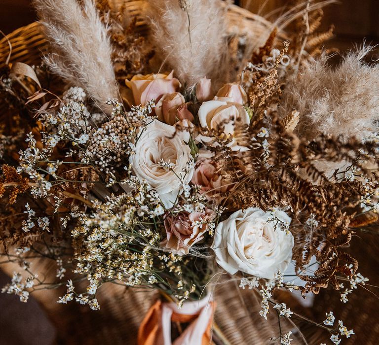 White rose and pampas grass wedding bouquet 