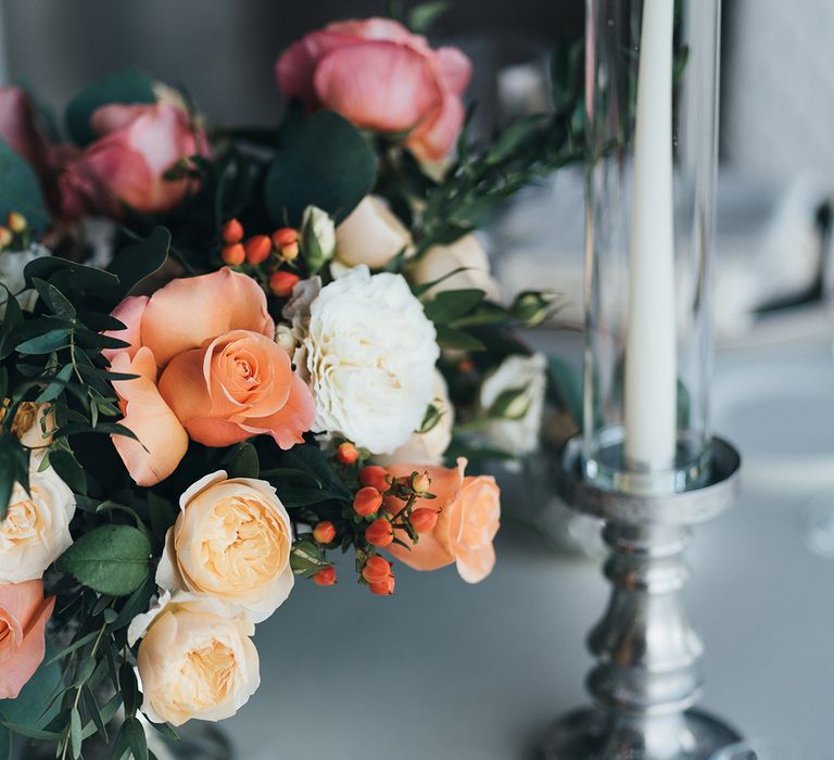 Peach and coral rose wedding flowers 