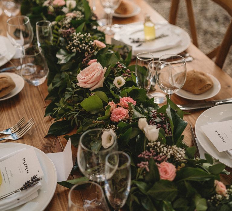 Greenery and pink rose wedding table runner floral decoration 