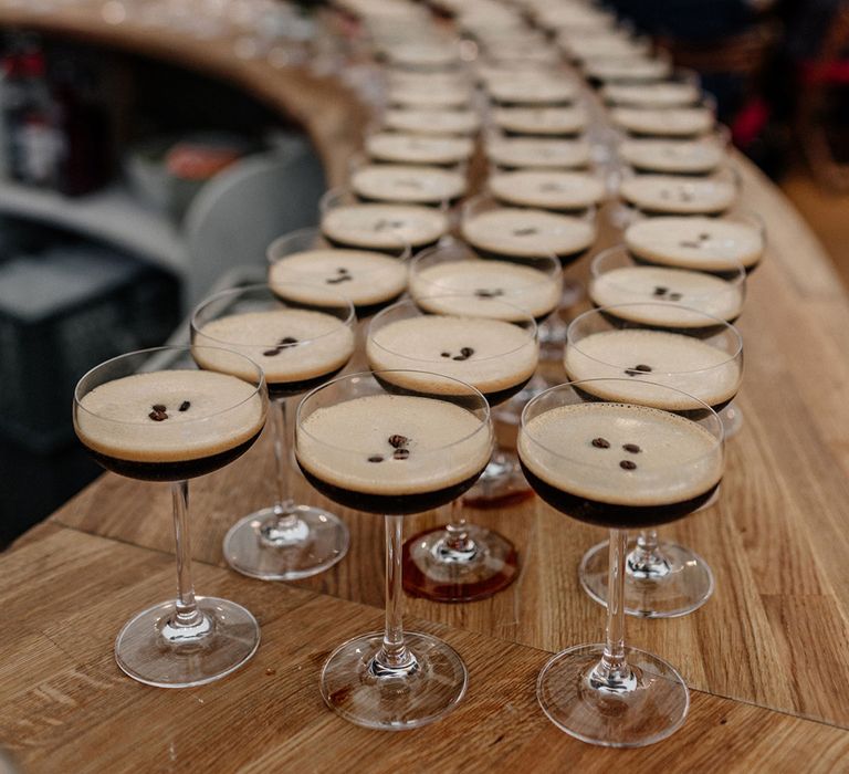 Expresso Martini cocktails lined up on the wedding bar 