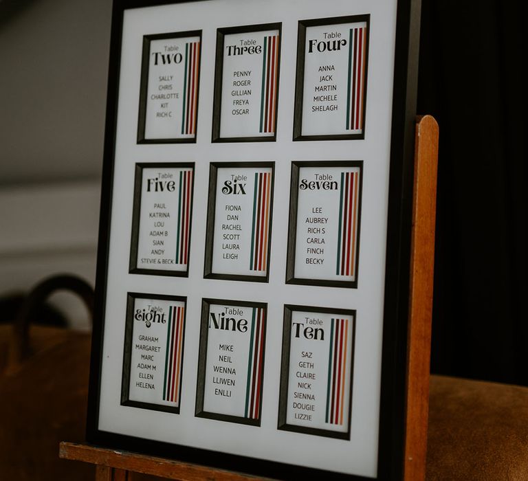 Retro styled table plan on wooden easel 