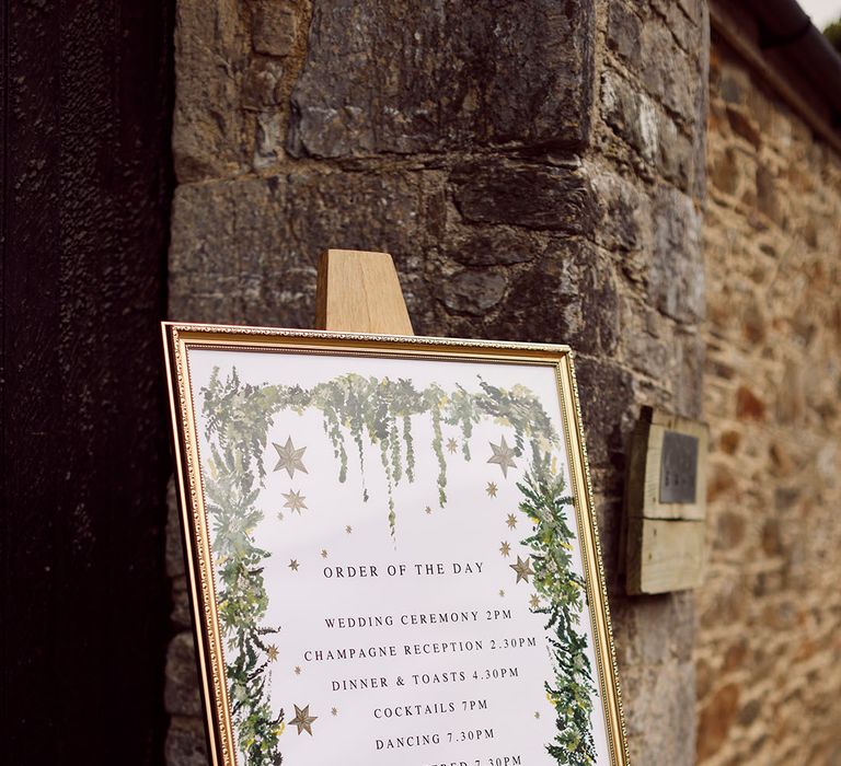 Starry order of the day wedding sign for Anran wedding in Devon 