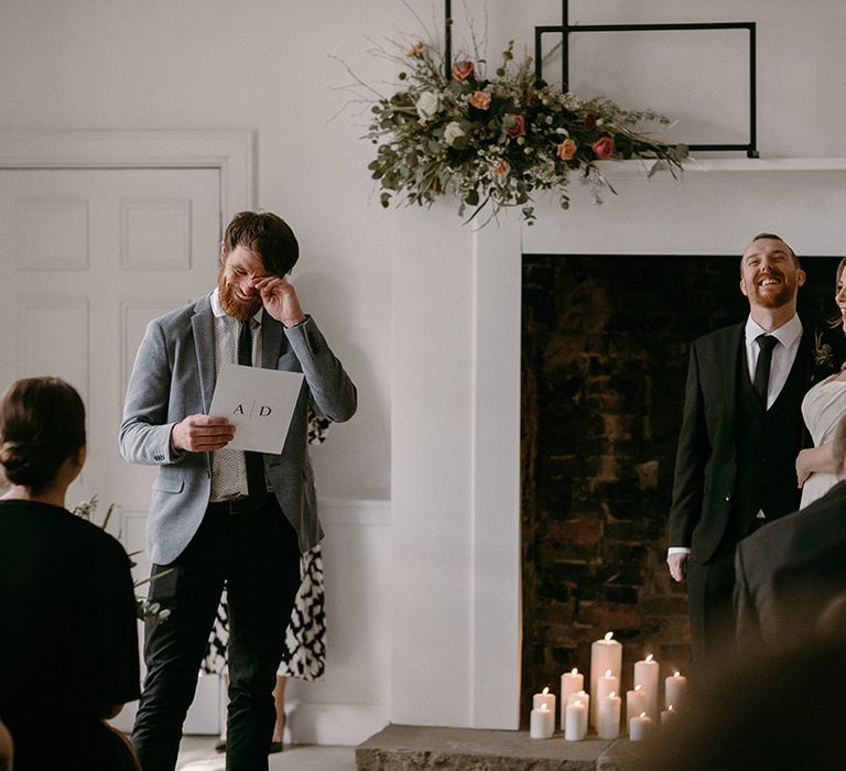 Cousin performs a wedding reading that gets the bride and groom laughing during the ceremony 