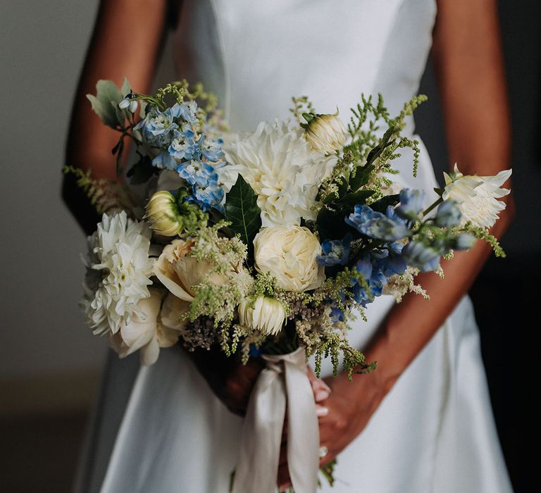 Simple wedding bouquet with blue and white wedding flowers 