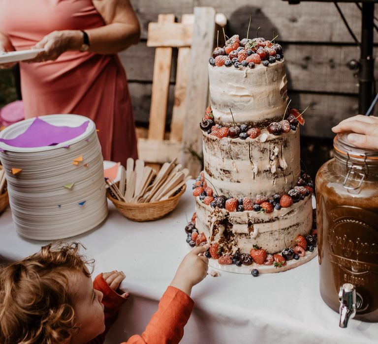 homemade wedding cake with fruit topper 