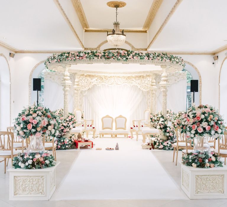 Pink wedding mandap at Northbrook Park Hindu ceremony 