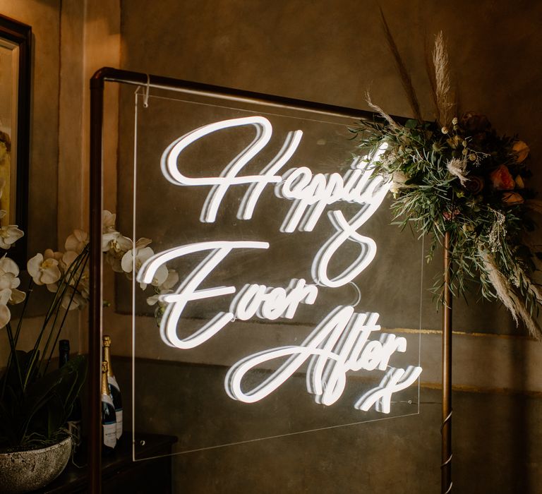 Happily ever after neon sign for intimate wedding 