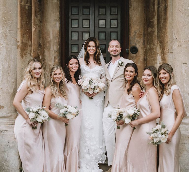 Light pink satin bridesmaid dresses for Elmore Court wedding