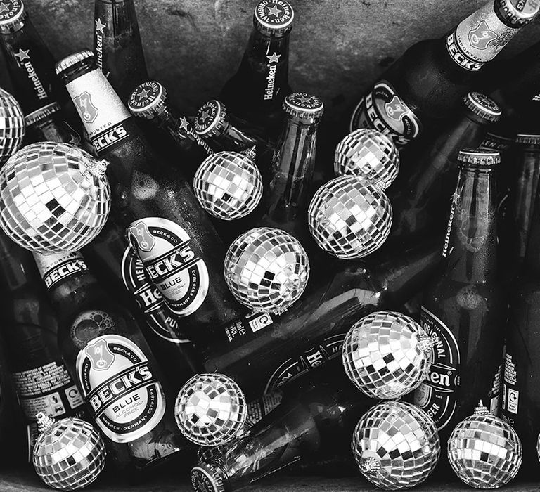 Bottles of Beck's beers with disco balls