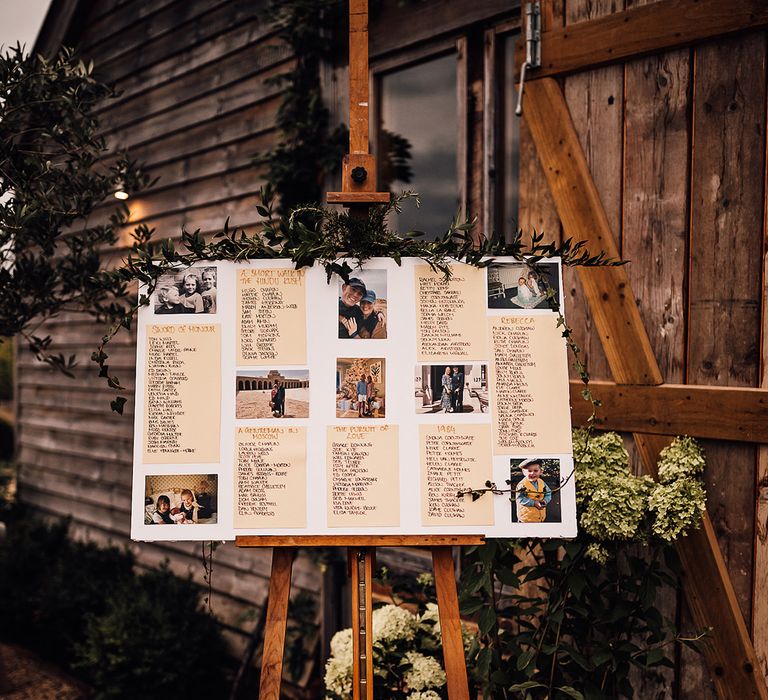 Wedding table plan with tables named after the couple's favourite books and family photos 