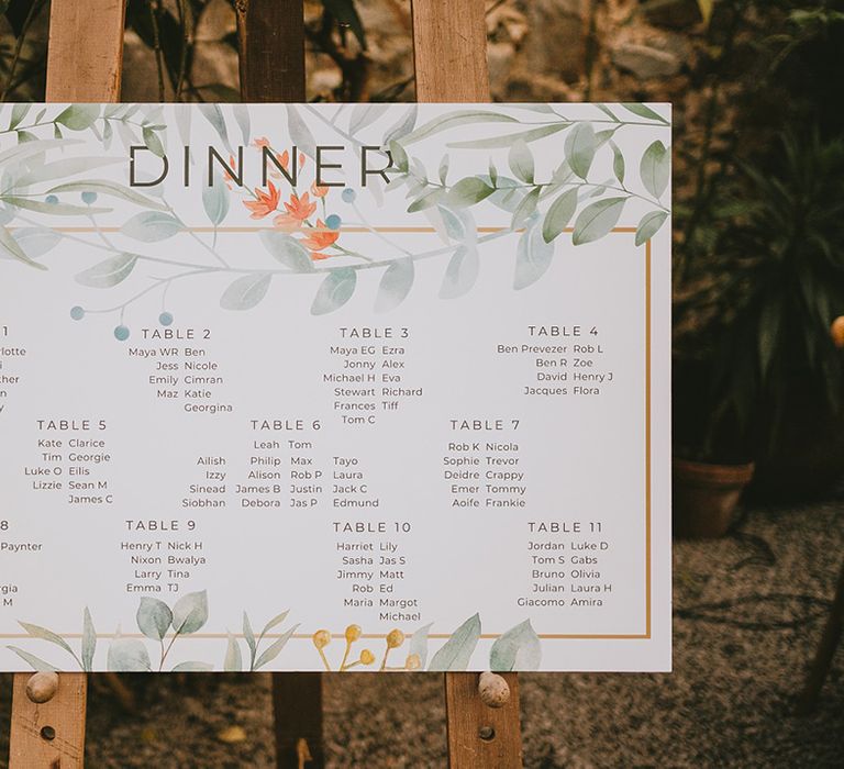 Minimalist leaf design wedding table plan 