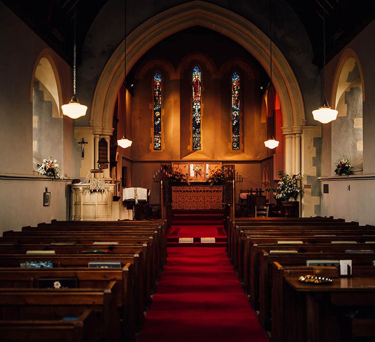 Church wedding venue with stained glass windows 