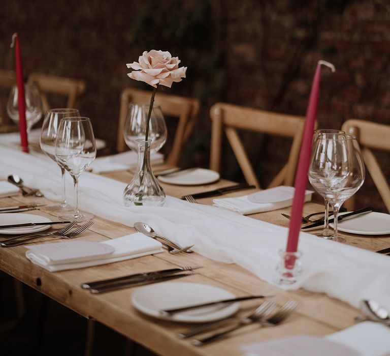 Wedding tablescape with pink wedding decorations for timeless classic yet modern wedding 