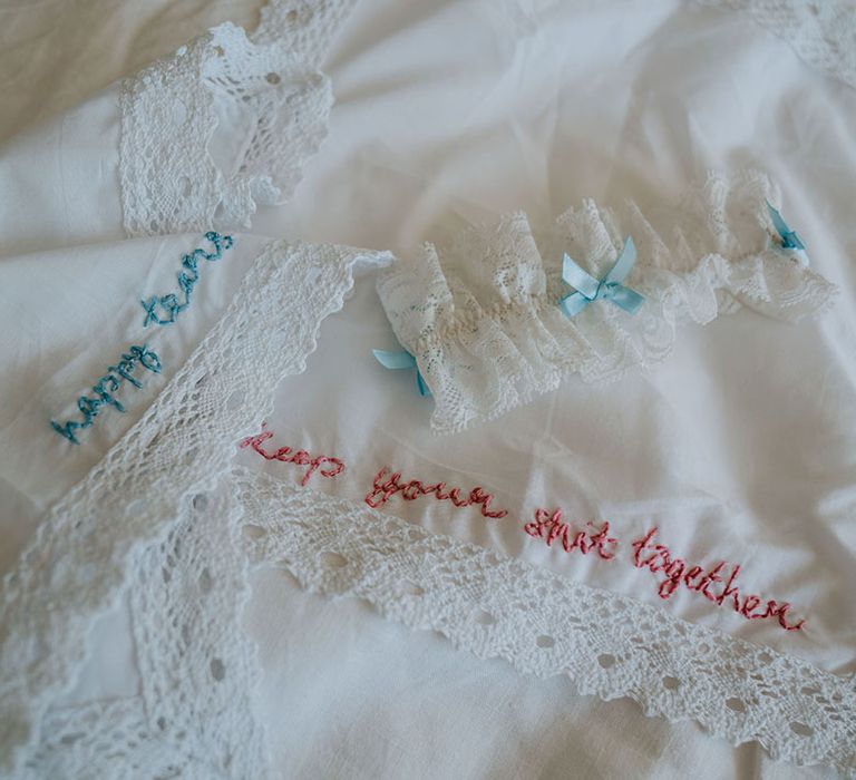 Personalised embroidered wedding handkerchiefs and the bride's garter 