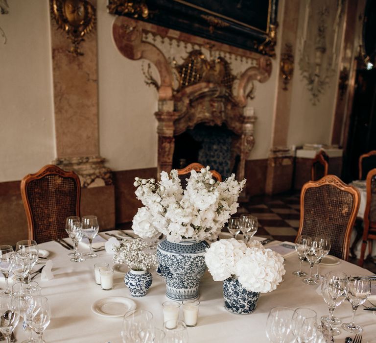 Blue and white Chinese Pottery centrepieces and name place cards 