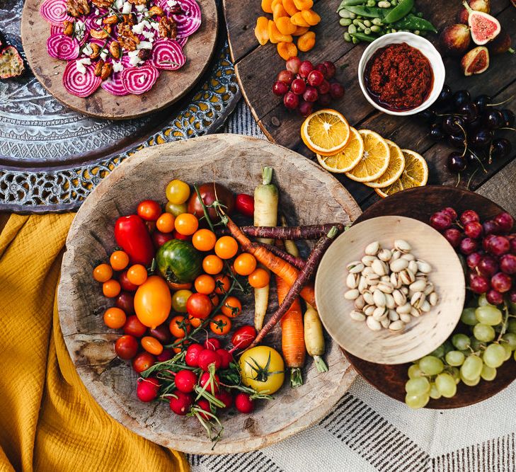 Colourful grazing table in outdoor dining