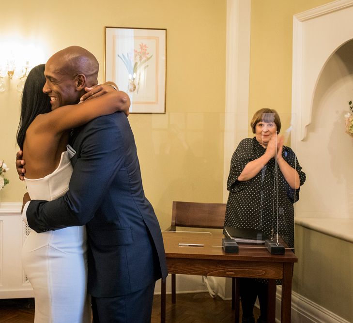 Bride and groom just married at Chelsea Town Hall intimate wedding ceremony 