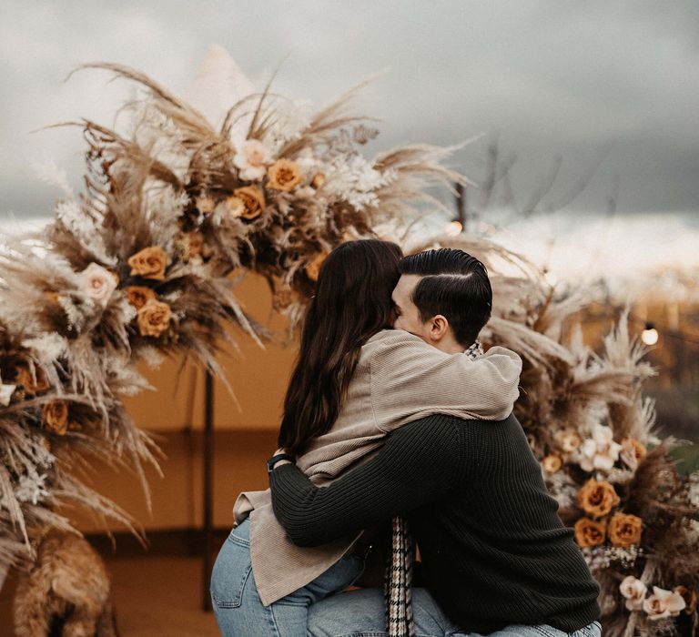 Just engaged wedding photography at the Cherry Tree with bell tent and dried flower decor 