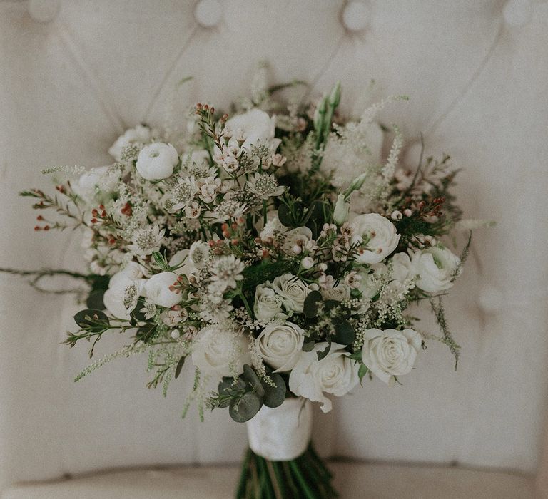 White rose and mixed floral wedding bouquet 