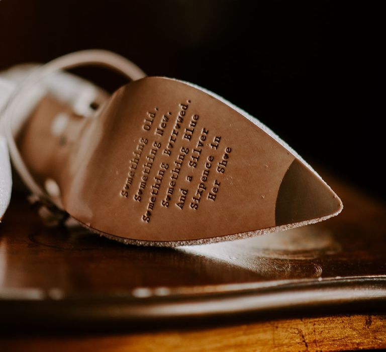 Engraved rhyme on the bride's wedding heels by Charlotte Mills 