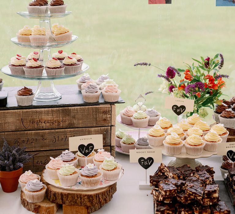 Homemade dessert table complete with cupcakes, personalised stationery and photo bunting 