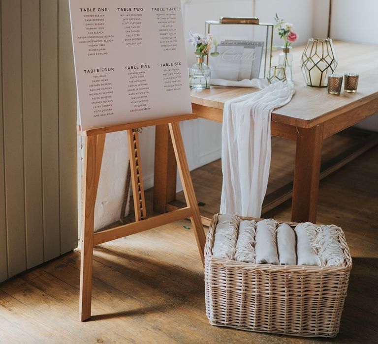 Black and white wedding seating chart with yellow and pink wedding flower decor with basket of blankets and clear acrylic box for the cards 